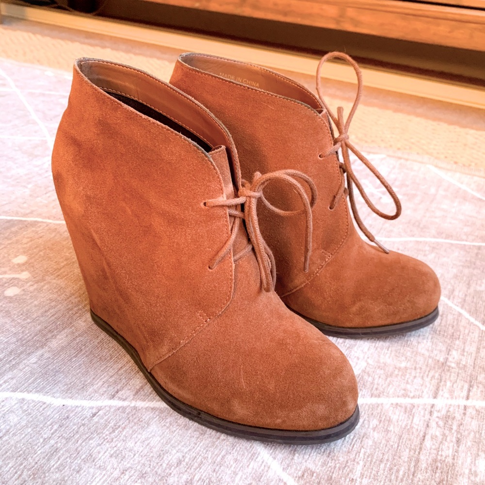 Dolce Vita Tan Suede Lace-Up Wedge Ankle Booties